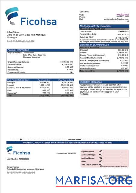 Downloadable Nicaragua Banco Ficohsa mortgage statement Word and PDF template